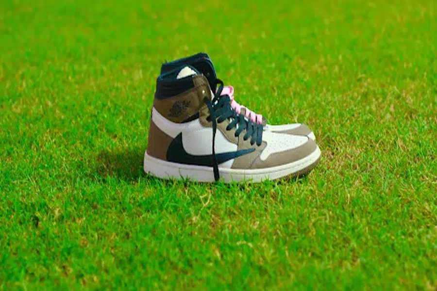 A Travis Scott Air Jordan 1 sneaker resting on green grass, showcasing the white, brown, and black design.
