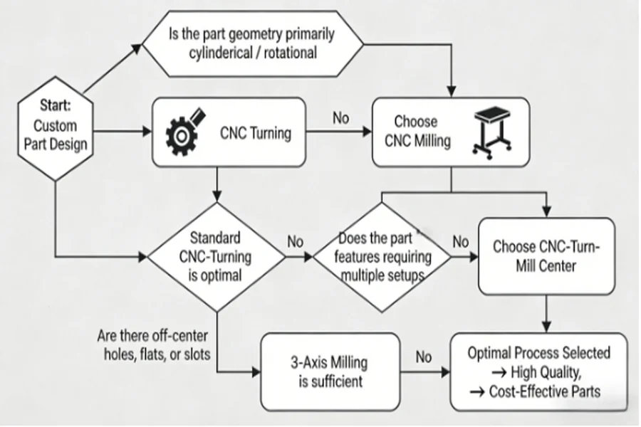 Flowchart to help select between CNC Turning and Milling based on part geometry, leading to Turn-Mill centers for complex components.